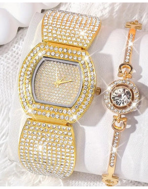 2-Pcs Elegant Ladies Golden Bracelet Watch and Sparkling Bracelet Set