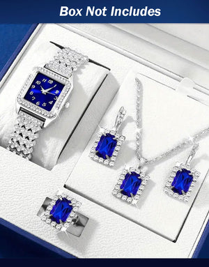 5-Pcs Luxe Women's Royal Blue Dial Watch & Faux Stone Jewellery Set