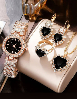 5-Pcs Glittering Women's Fashion Watch & Heart Shaped Black Stone Jewelry Set