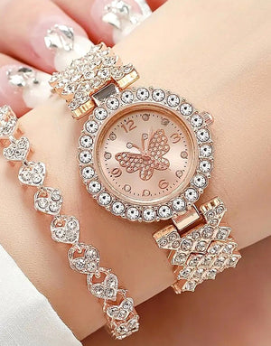 2-Pcs Ladies Watch and Bracelet Set with Rhinestone Accents
