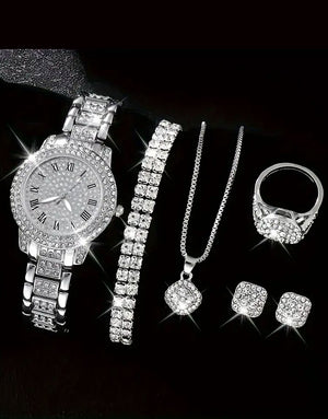 6-Pcs Glittering Luxury Silver Ladies Watch and Matching Bracelet, Earrings, Necklace, Ring Set