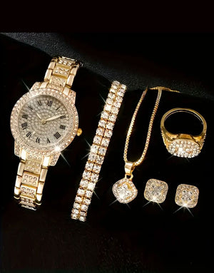 6-Pcs Glittering Luxury Golden Ladies Watch and Matching Bracelet, Earrings, Necklace, Ring Set