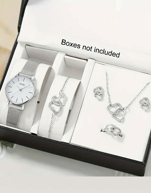 6-Pcs Casual Quartz Watch & Heart Design Bracelet, Earrings, Necklace, Ring Set