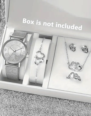 6-Pcs Women's Round Alloy Case Quartz Watch with Heart Shaped Jewellery Set