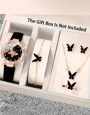 6-Pcs Women's Fashionable Quartz Watch & Butterfly Shaped Jewellery Set