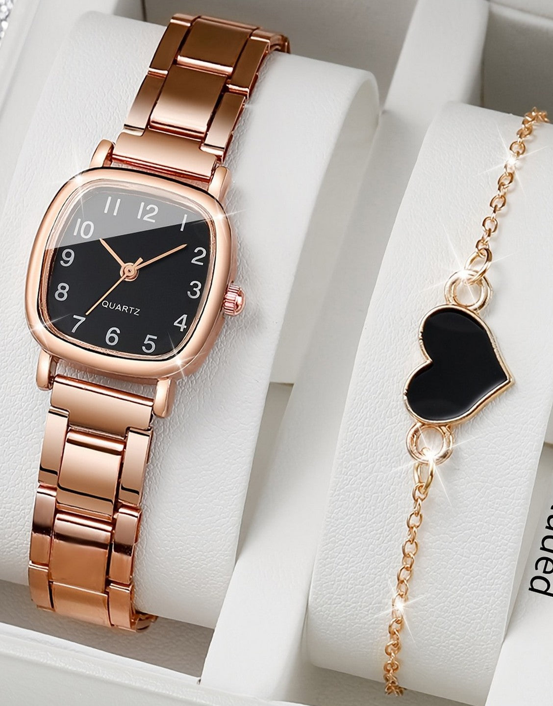 2-Pcs Rose Gold Ladies Watch & Heart Design Bracelet Gift Set