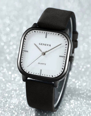 Unisex PU Leather Strap Casual Watch - Black