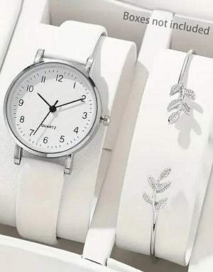 2-Pcs Elegant White Ladies Watch & Leaf Design Bracelet Set