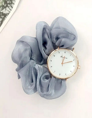 Cute Satin Hair Ring Grey Strap Casual Watch for Girls