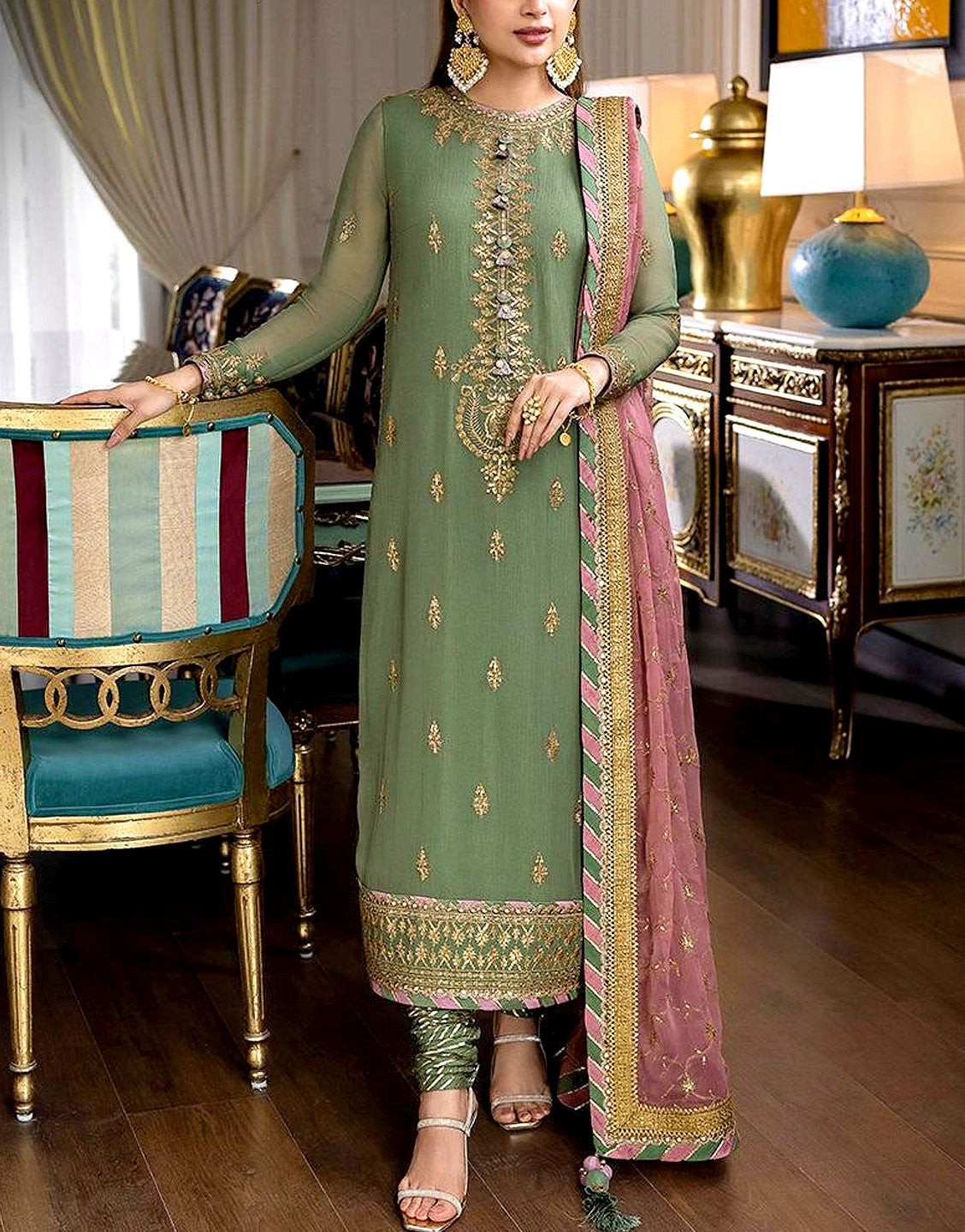 Heavy Embroidered Formal Chiffon Party Wear Dress