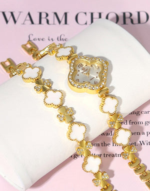 2-Pcs Boho Style Four Leaf Clover Design Ladies Watch & Bracelet Set