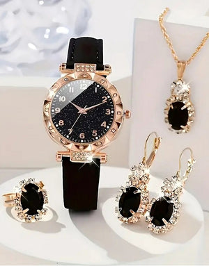 5-Pcs Elegant PU Leather Ladies Watch and Black Stone Jewellery Set