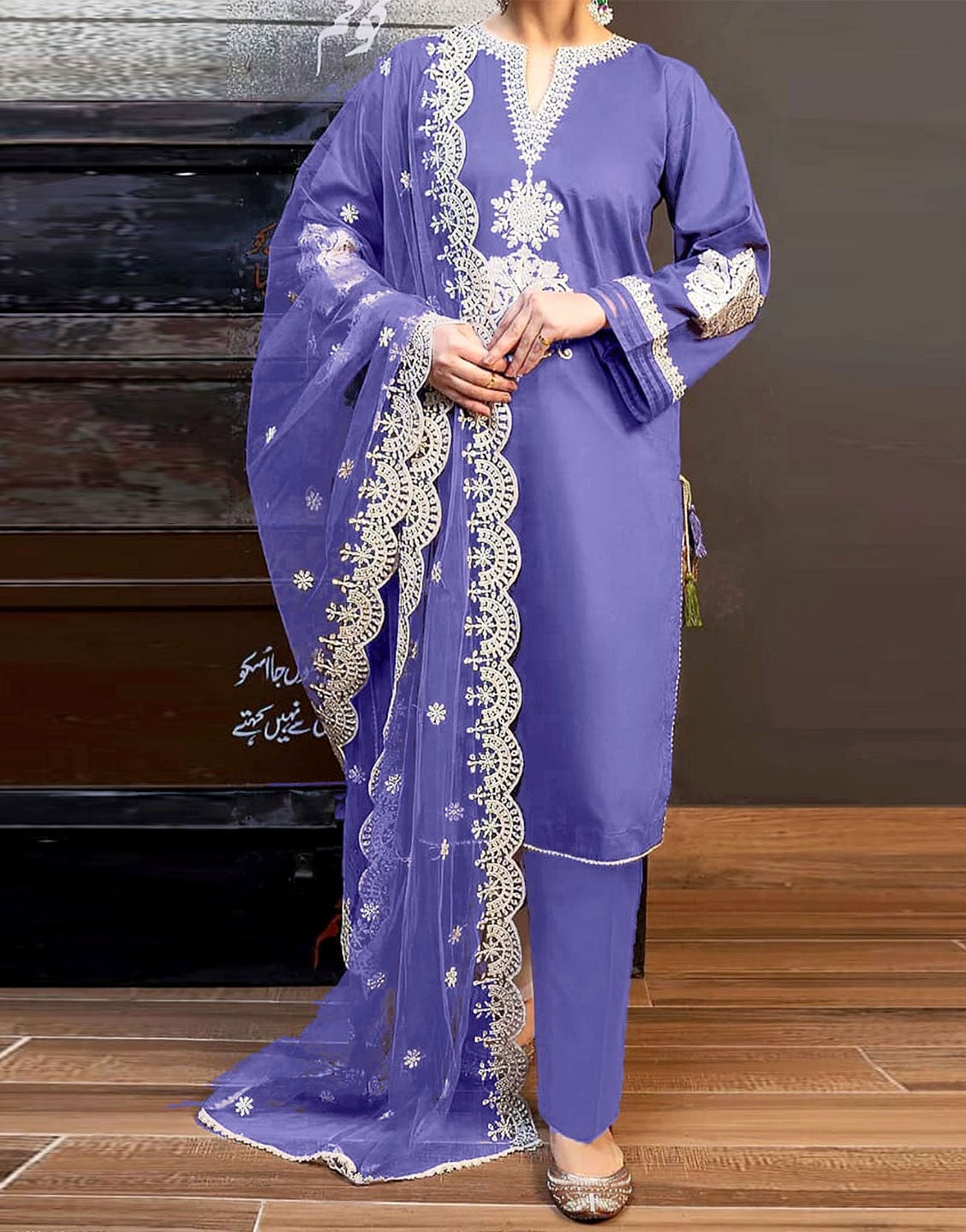 Elegant Embroidered Lawn Dress with Digital Print Diamond Dupatta