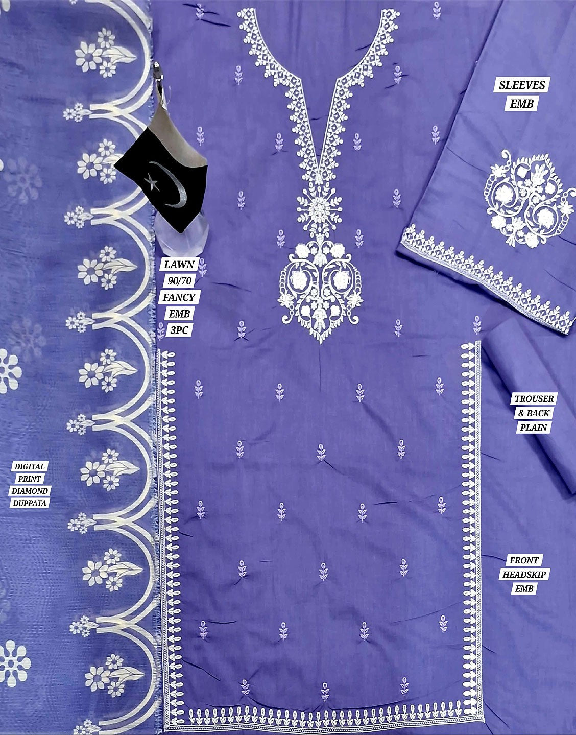 Elegant Embroidered Lawn Dress with Digital Print Diamond Dupatta