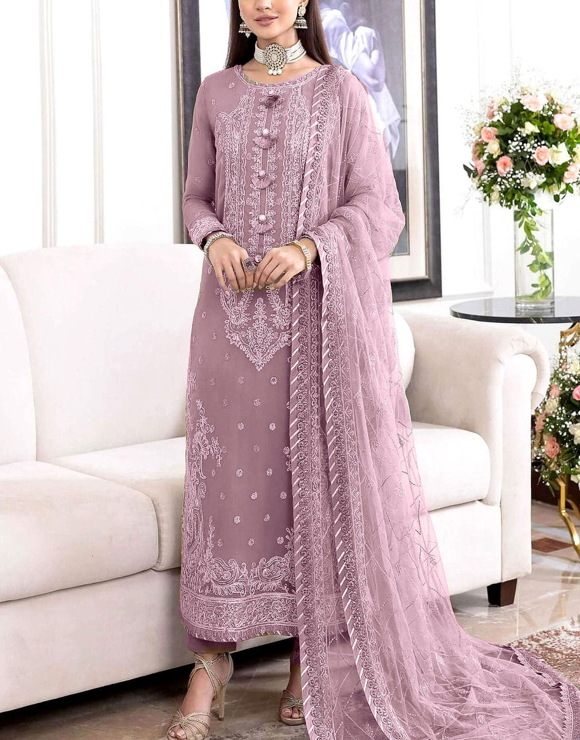 Heavy Embroidered Chiffon Party Dress with Embroidered Net Dupatta