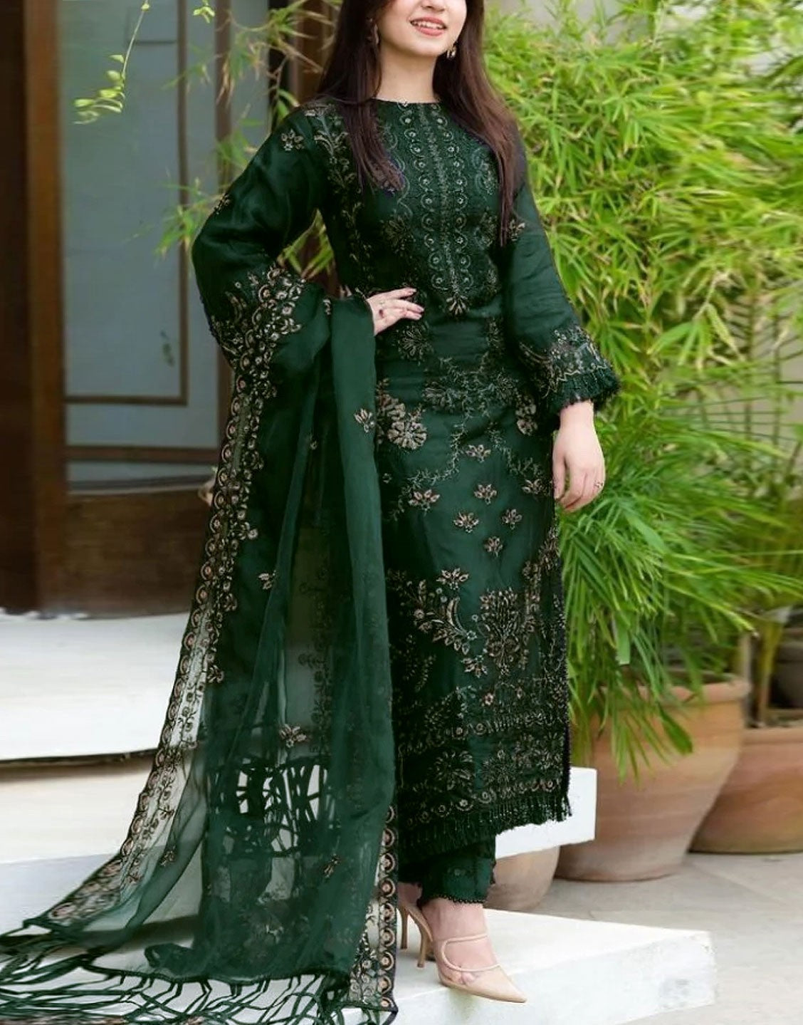 Luxury Embroidered Bottle Green Cotton Dress with Bamber Chiffon Dupatta