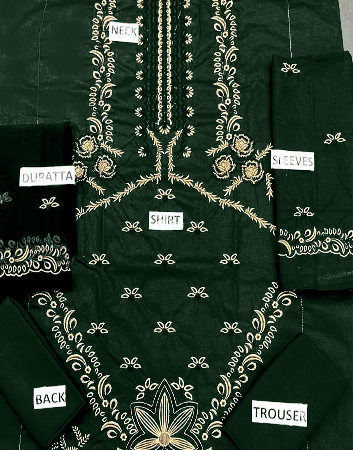 Luxury Embroidered Bottle Green Cotton Dress with Bamber Chiffon Dupatta