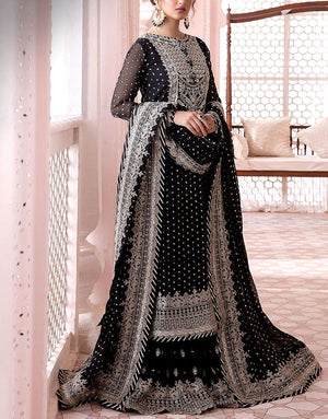 Elegant Embroidered Black Chiffon Wedding & Party Wear Dress