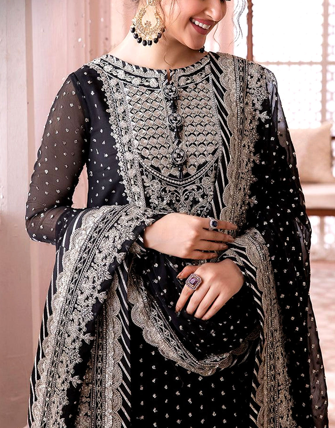 Elegant Embroidered Black Chiffon Wedding & Party Wear Dress
