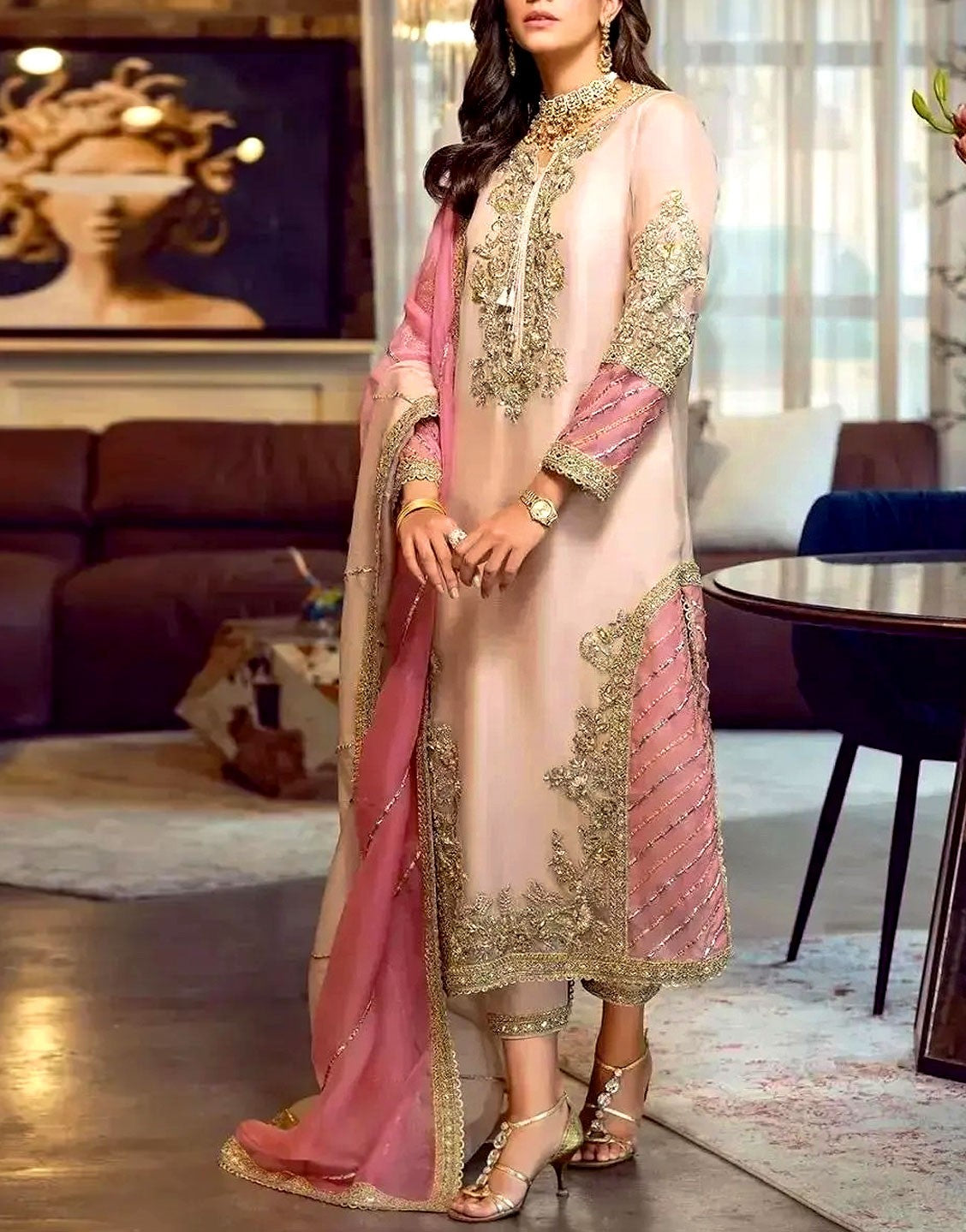 Heavy Embroidered Organza Wedding Wear Dress