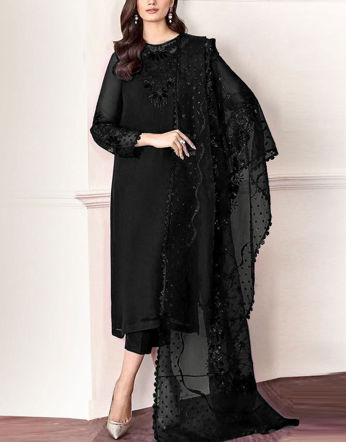 Fancy Embroidered Black Chiffon Party Wear Dress with Silk Trouser