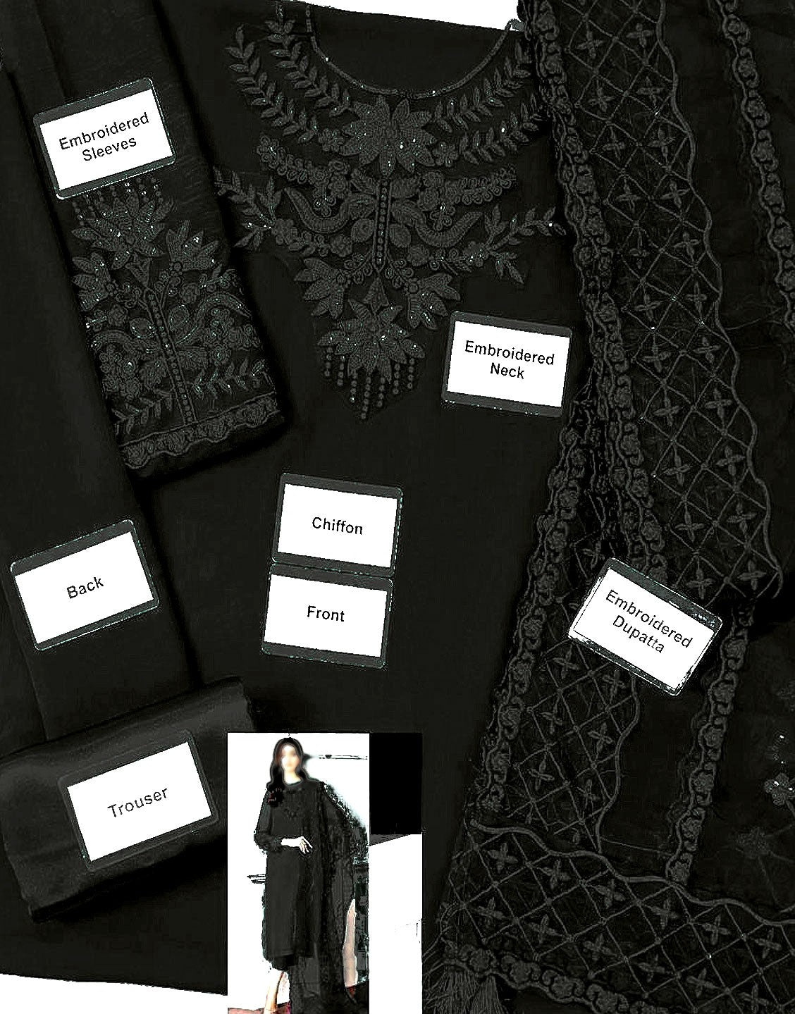 Affordable Fancy Embroidered Black Chiffon Party Dress with Silk Trouser