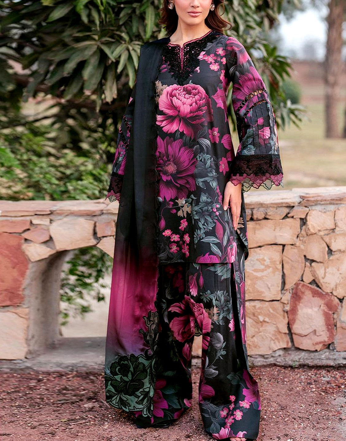 All-Over Print Embroidered Lawn Dress with Embroidered Chiffon Dupatta