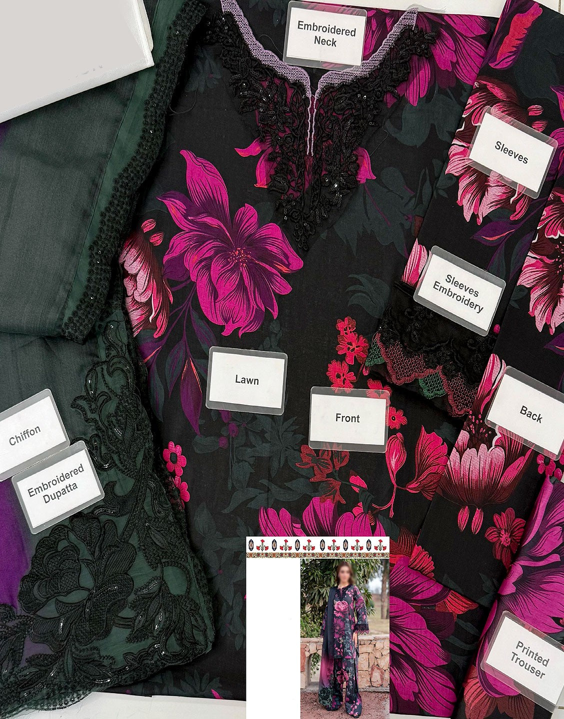 All-Over Print Sequins Embroidered Black Lawn Dress with 4-Side Emb. Chiffon Dupatta