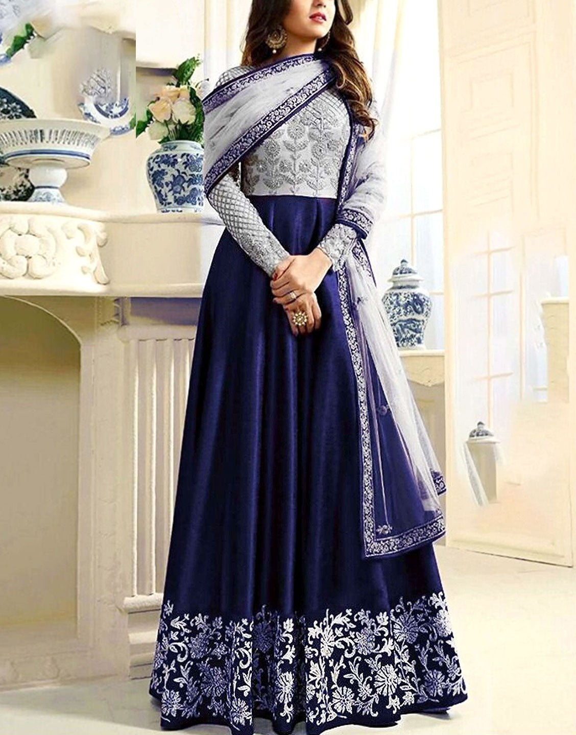 Indian Embroidered BLUE Chiffon Maxi Dress