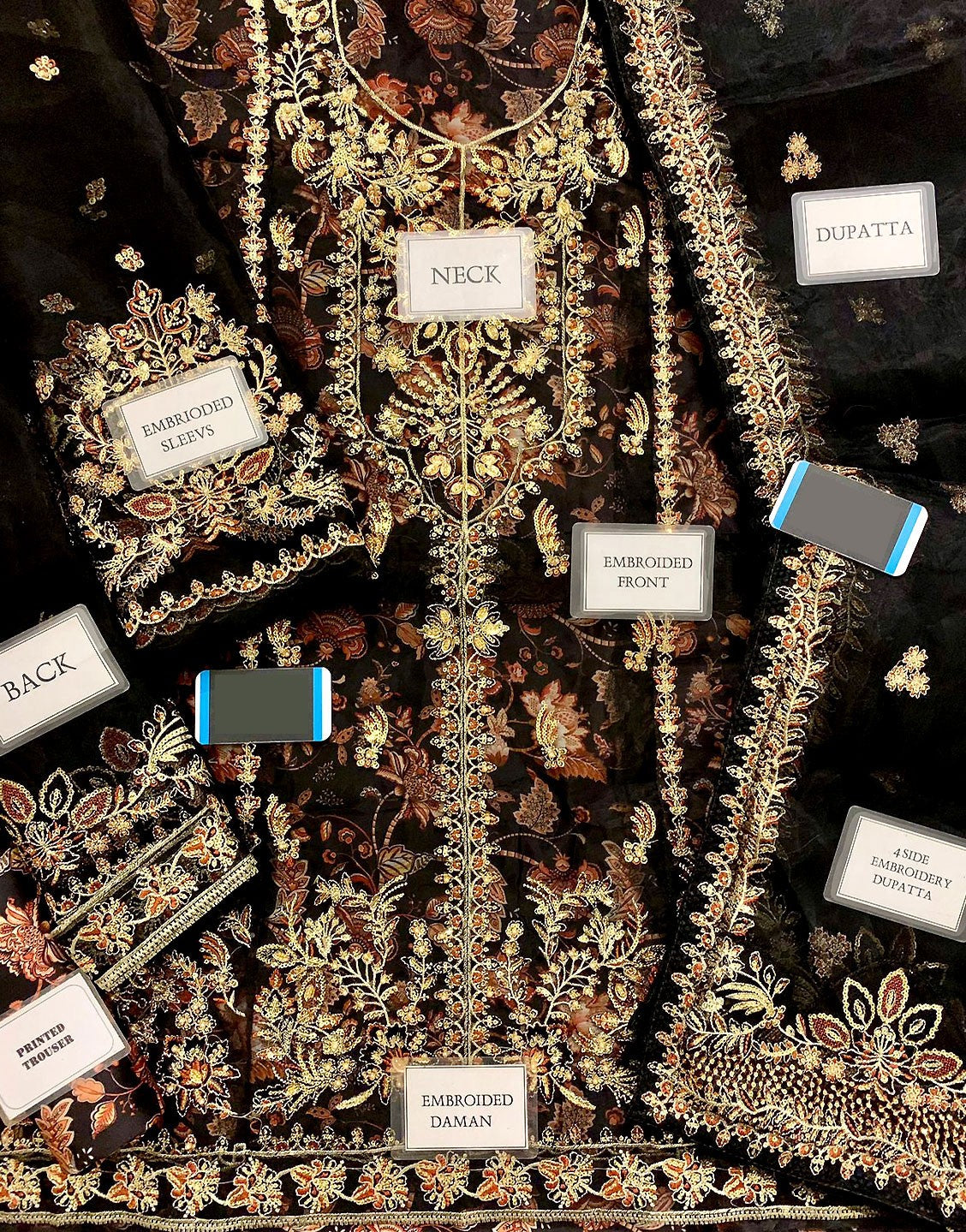 Luxurious Handwork Heavy Embroidered Black Organza Bridal Dress