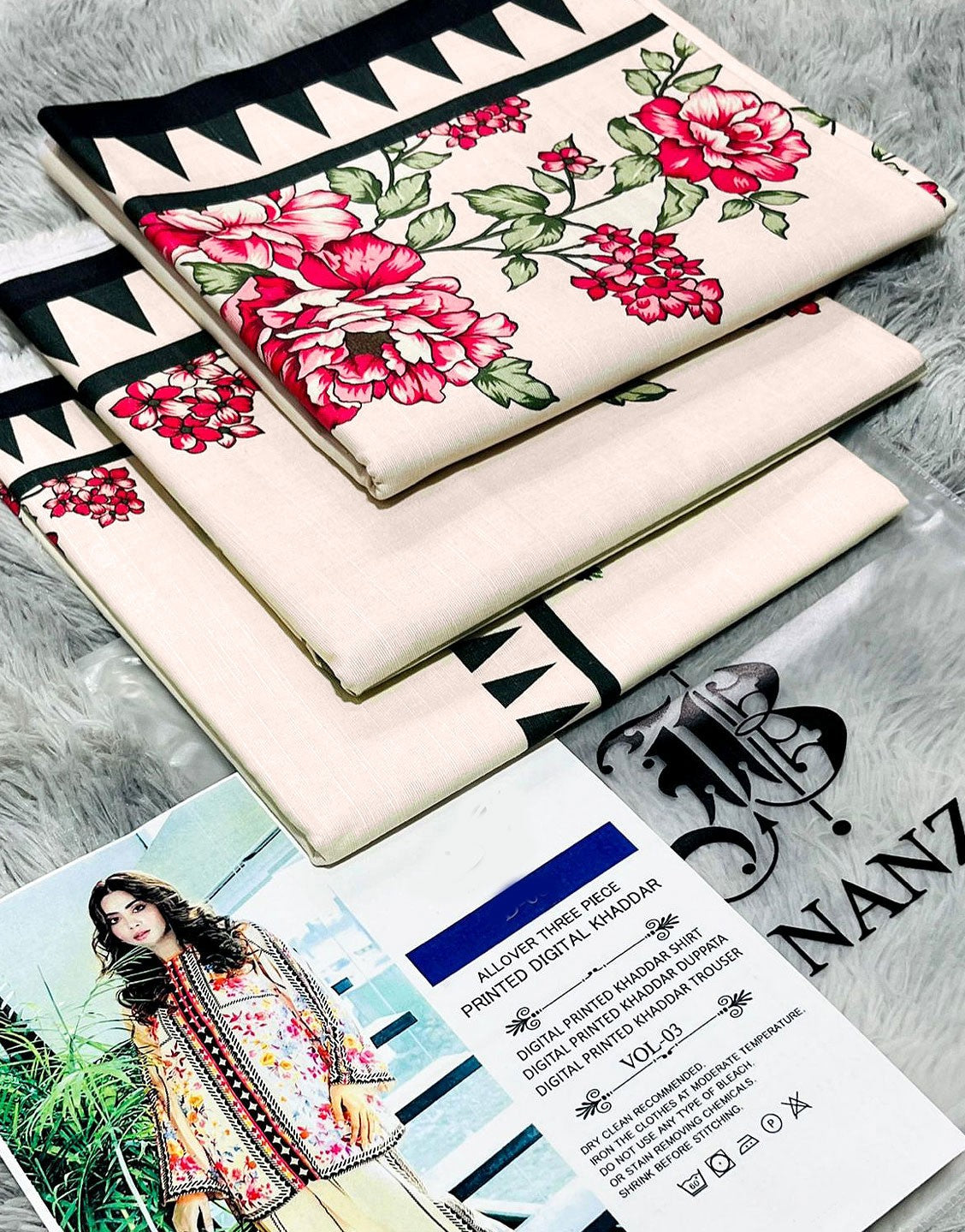 IB Angan All-Over Digital Print 3-Piece Khaddar Dress