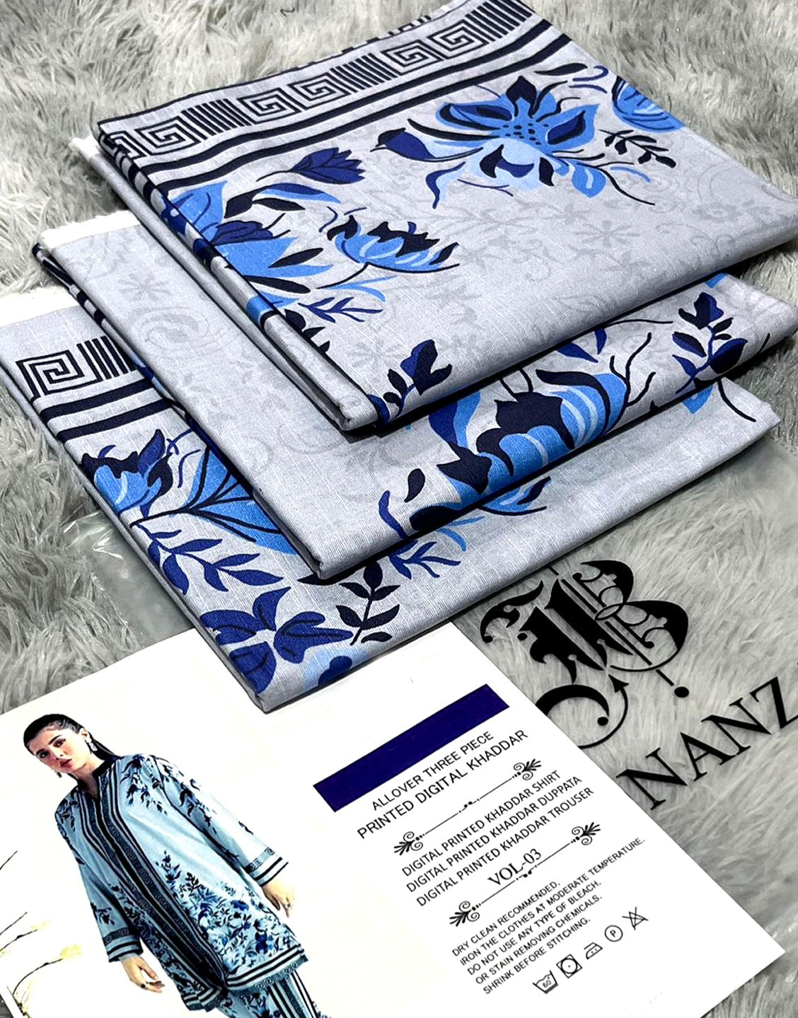 IB Angan All-Over Digital Print 3-Piece Khaddar Dress