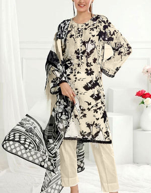 IB Bonanza All-Over Digital Print 3-Piece Linen Dress with Linen Dupatta