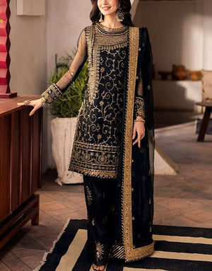 Heavy Embroidered Black Chiffon Party Wear Dress