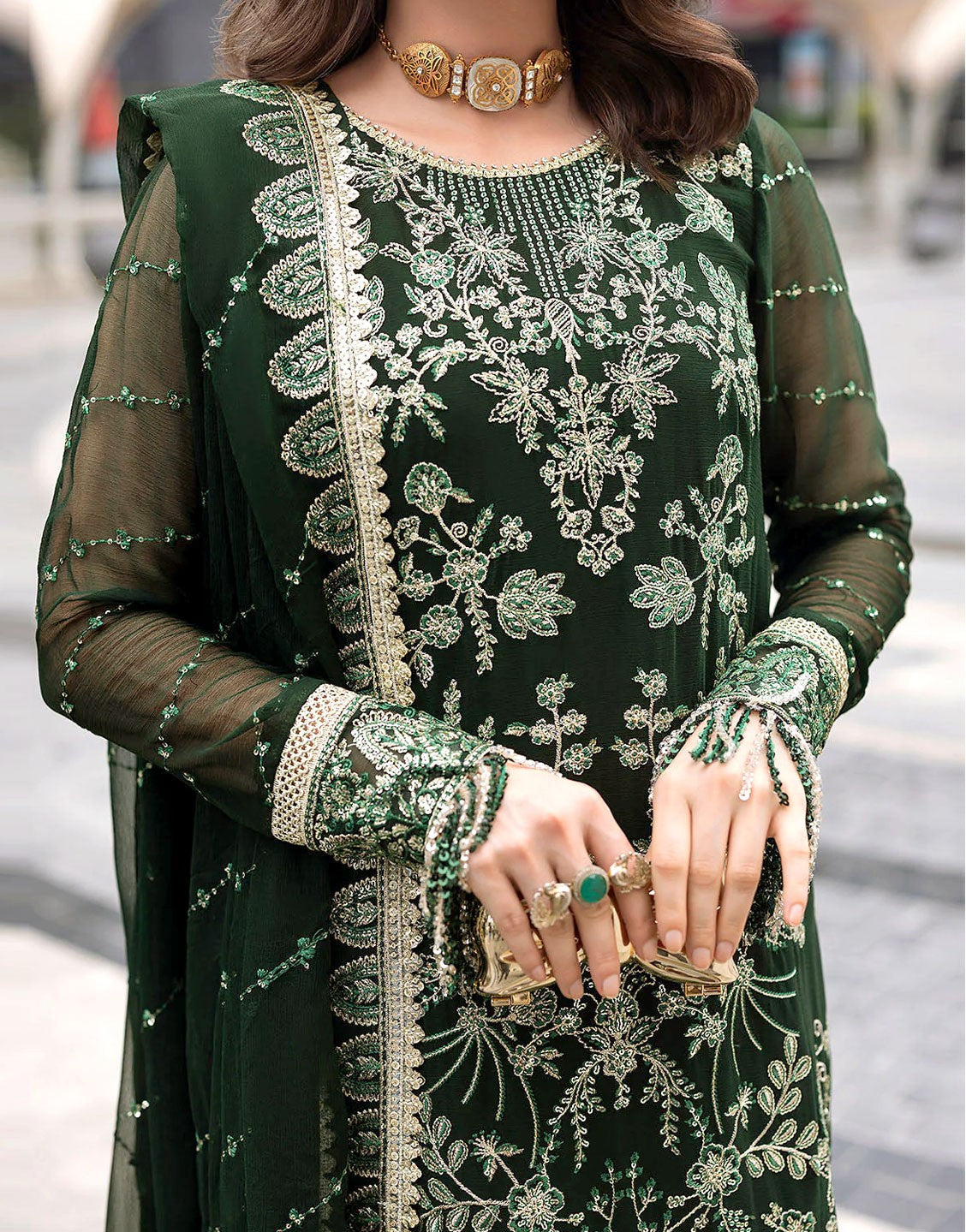 Luxury Embroidered Bottle Green Chiffon Wedding Dress for Mehndi Wear