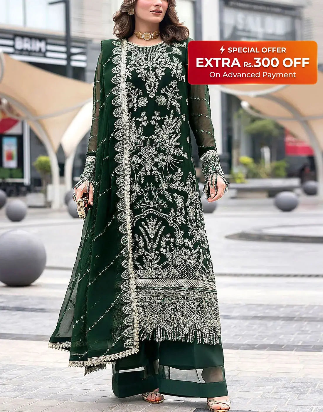 Luxury Embroidered Bottle Green Chiffon Wedding Dress for Mehndi Wear