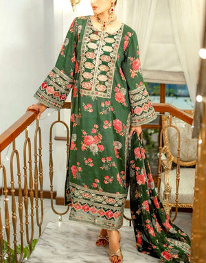 Aneela's Digital Print Embroidered Green Silk Party Wear Dress