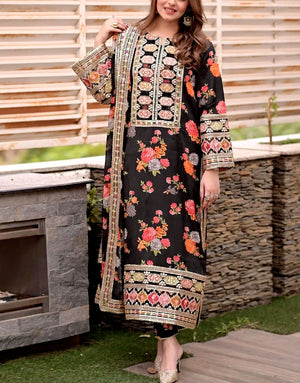 Aneela's Digital Print Embroidered Black Silk Party Wear Dress