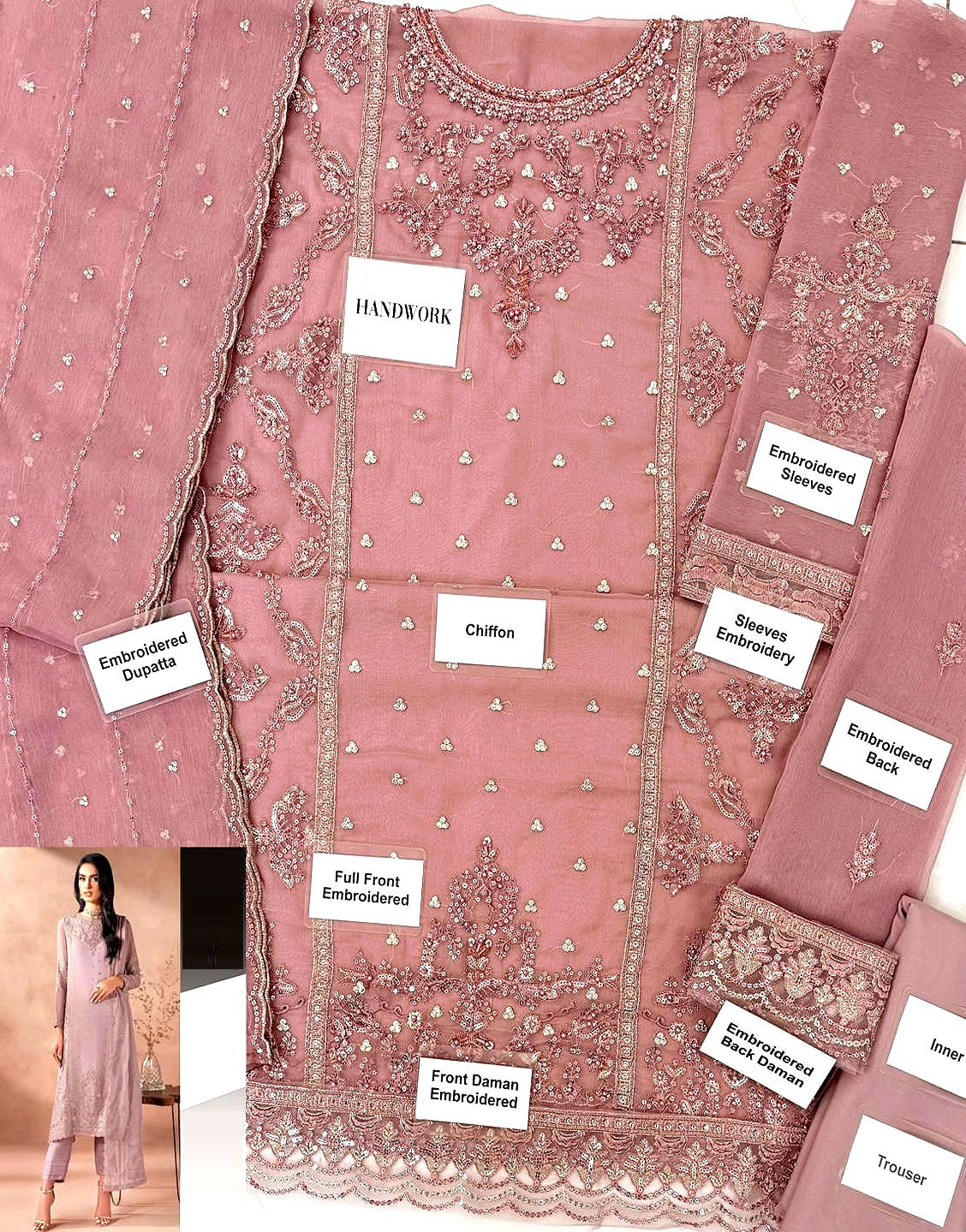 Handwork Heavy Embroidered Chiffon Party Wear Dress