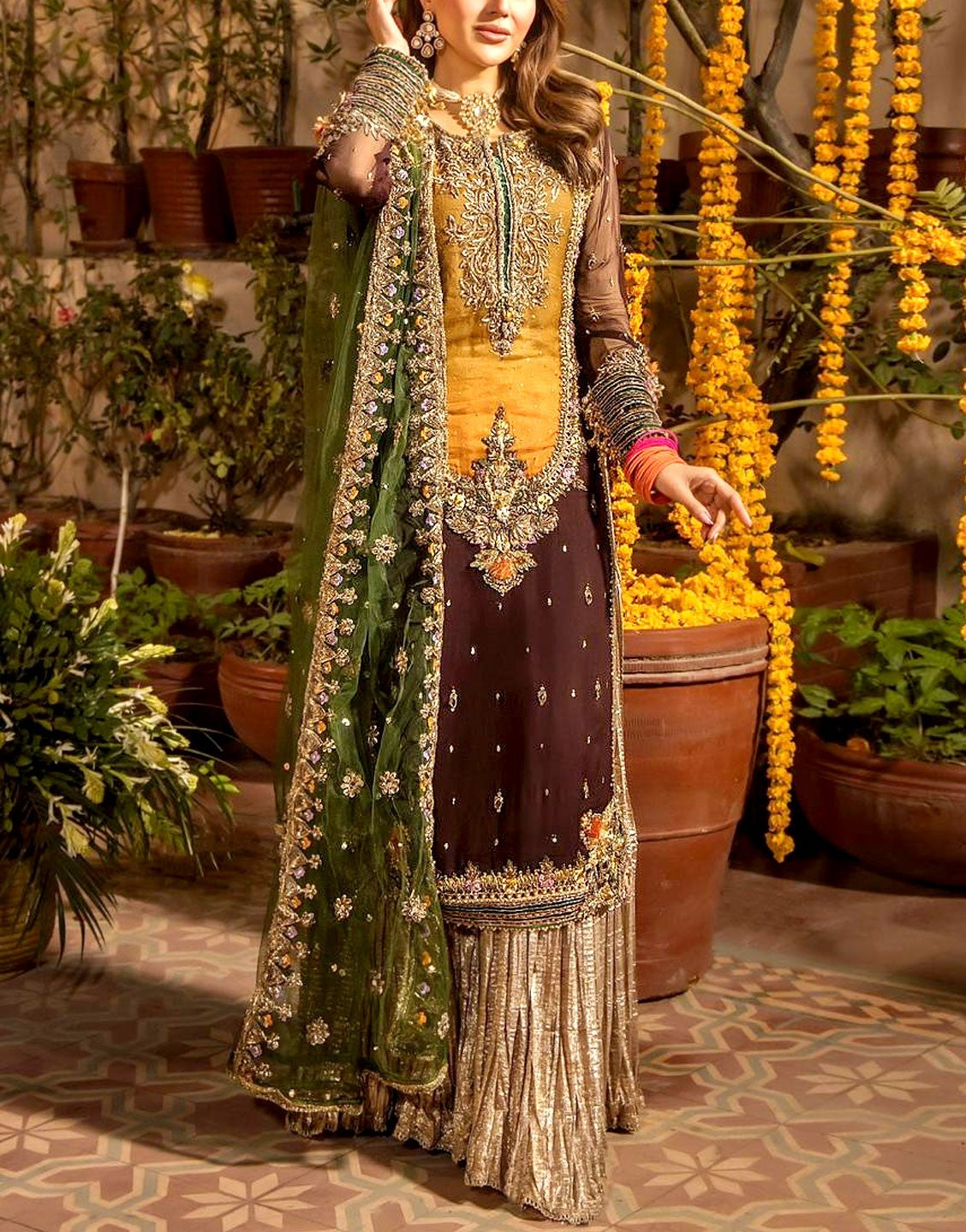 Luxury Embroidered Chiffon Mehndi Dress with Heavy Embellishments