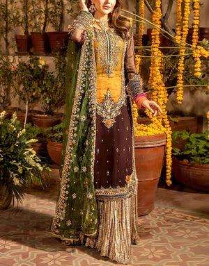Luxury Heavy Embroidered Bridal Chiffon Mehndi Dress