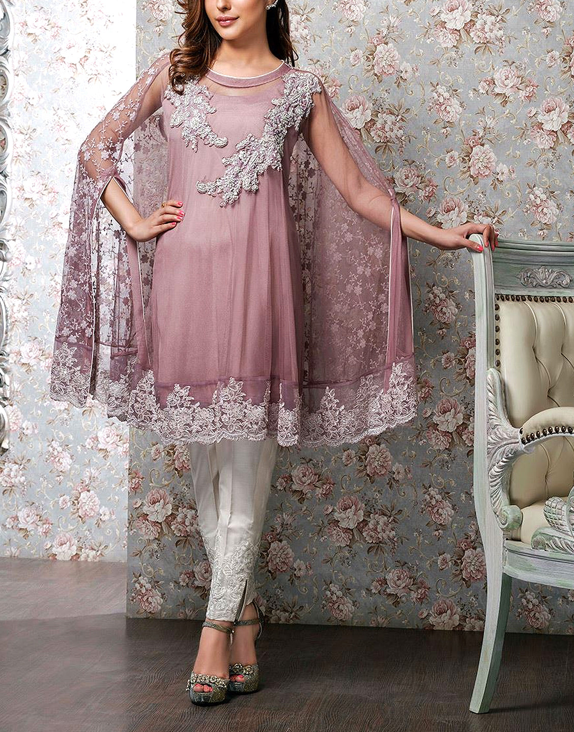 Butterfly Style Embroidered Chiffon Dress