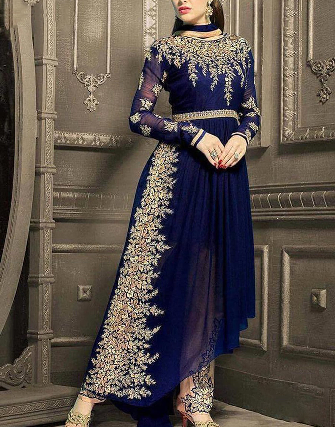 Indian Embroidered Blue Chiffon Frock