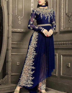 Indian Embroidered Blue Chiffon Frock