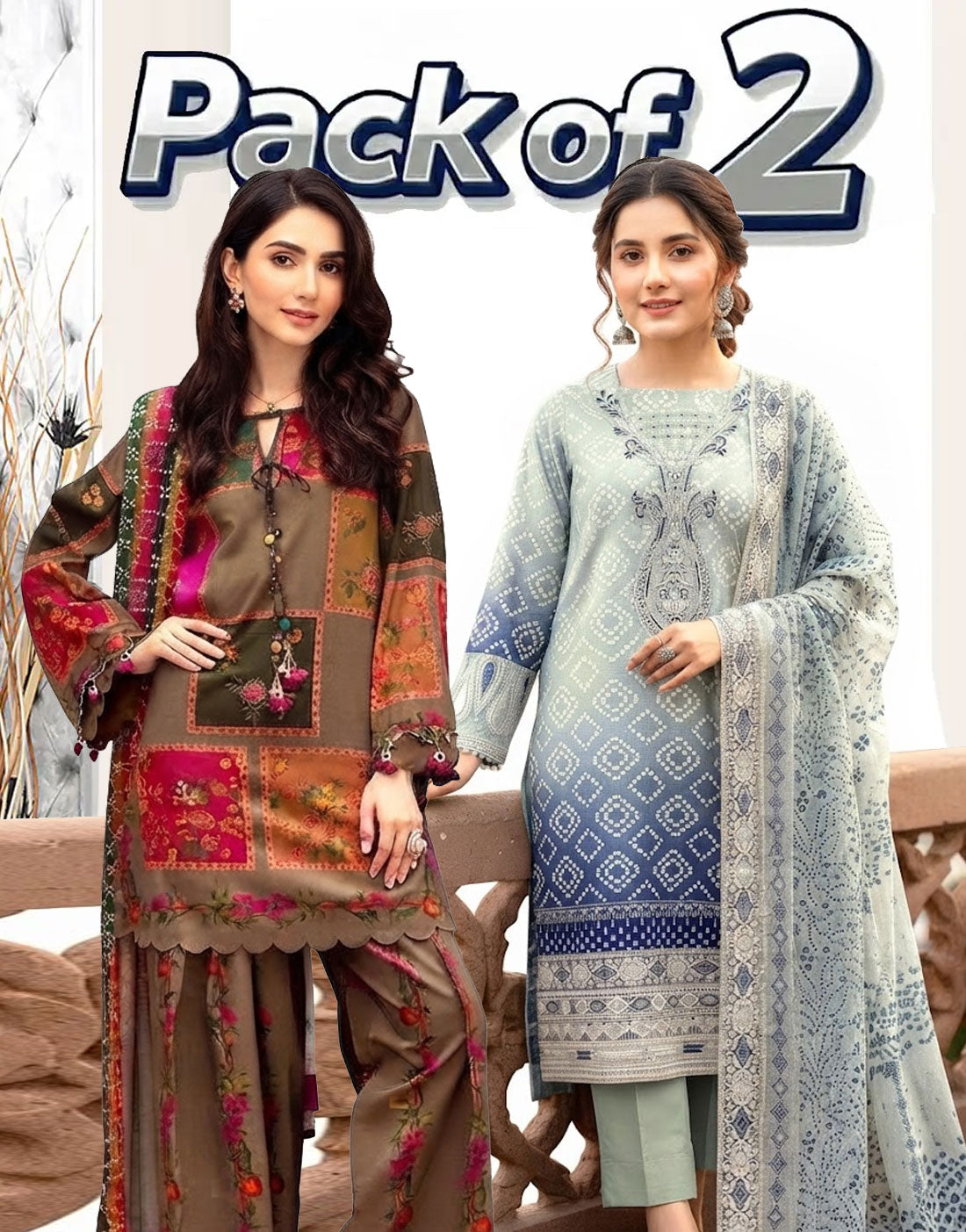 Bundle of 2 Embroidered 3-Piece Lawn Suits Wholesale