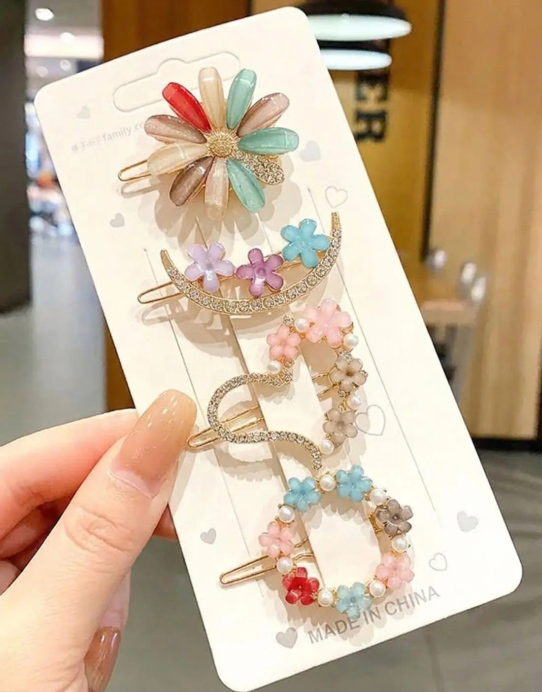 Pack of 4 Pastel Floral Alloy Hairpins with Crystal Accents for Buns & Ponytails