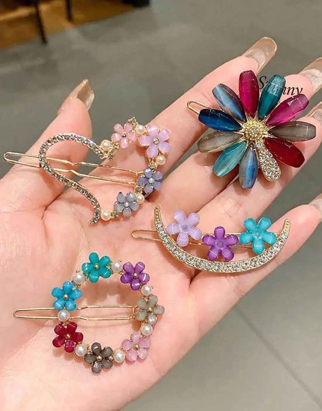 Pack of 4 Pastel Floral Alloy Hairpins with Crystal Accents for Buns & Ponytails