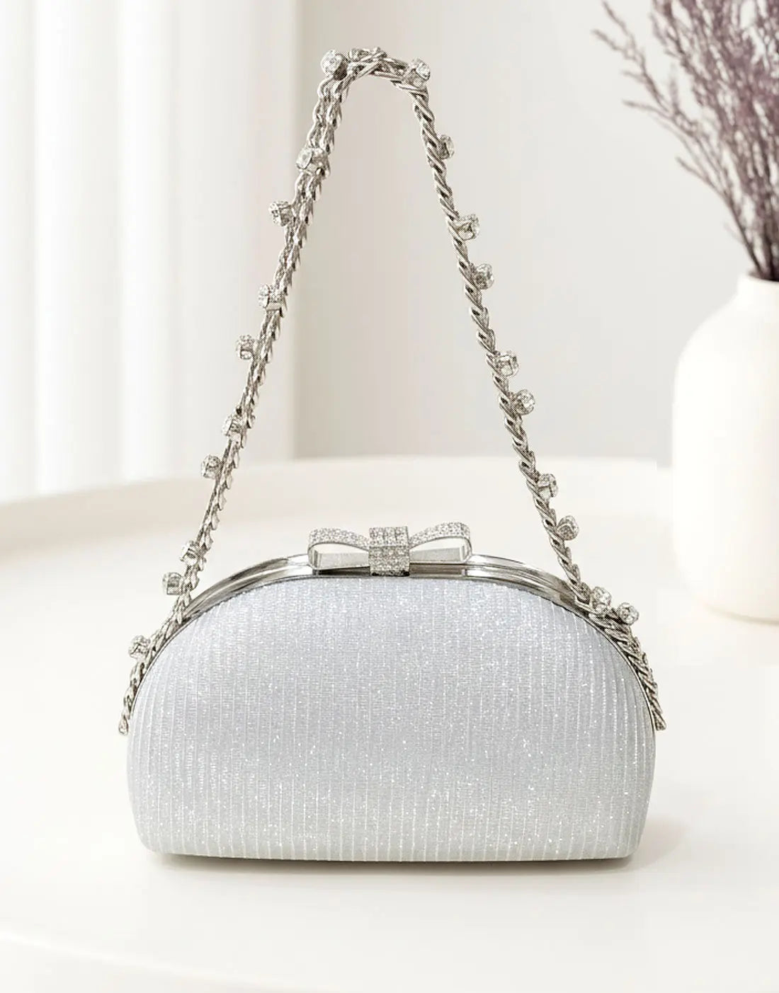 Glittering Bow Clasp Silver Clutch Bag for Party & Formal Events