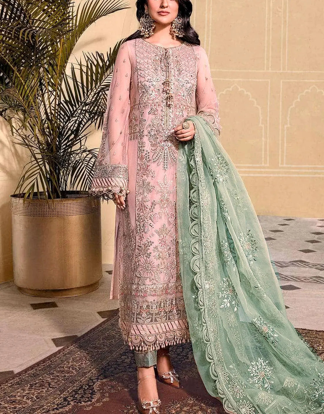 Luxe Embroidered & Handcrafted Neck Blush Pink Organza Dress with Mint Green Net Dupatta