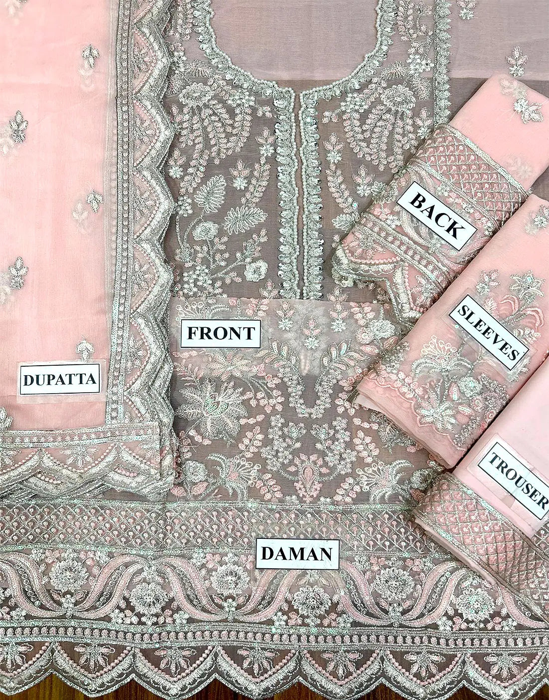 Heavy Embroidered Blush Pink Chiffon Formal Party & Wedding Dress with Handcrafted Neckline